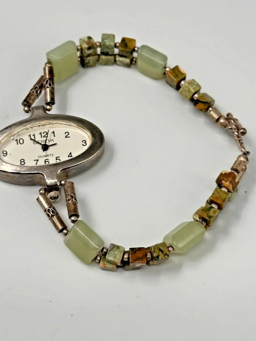 Geneva Watch Women Silver Tone Unakite Beaded Band Sterling Clasp New Battery